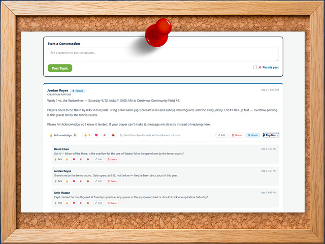 A team message board with a pinned post and parents acknowledging they've read it