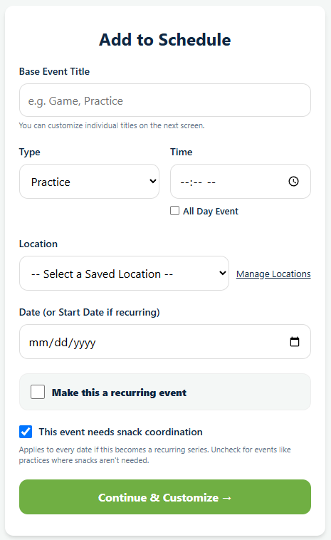 The Add to Schedule form in Playbook Logix with fields for Base Event Title, Type, Time, Location, Date, a recurring checkbox and a snack coordination checkbox