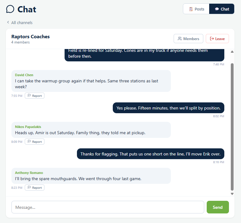 A Playbook Logix chat channel called Raptors Coaches with four members, showing a conversation between coaches with each incoming message carrying a Report link