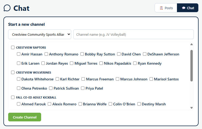 The Start a new channel form in Playbook Logix, with an organization dropdown, a channel name field, and checkboxes for each person grouped under their team