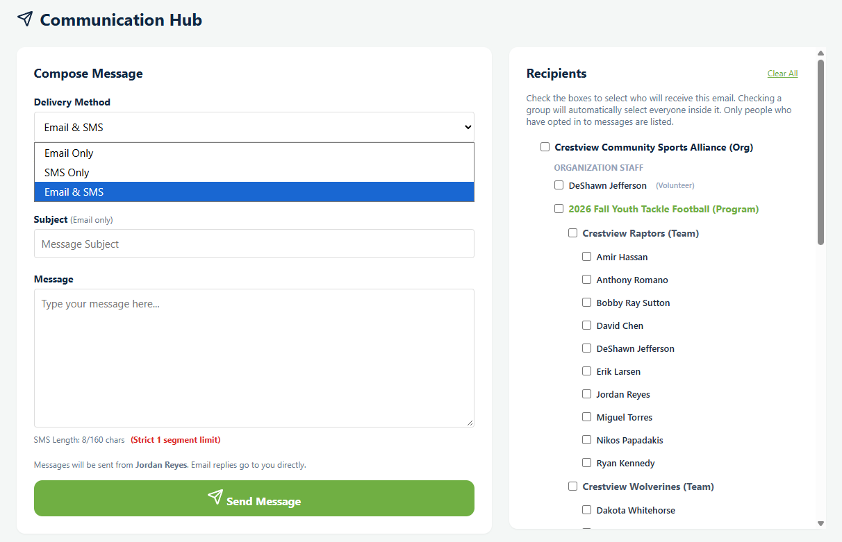 The Playbook Logix Communication Hub with the delivery method dropdown open showing Email Only, SMS Only and Email and SMS, beside a recipient tree listing an organization, its staff, a program and the players on a team