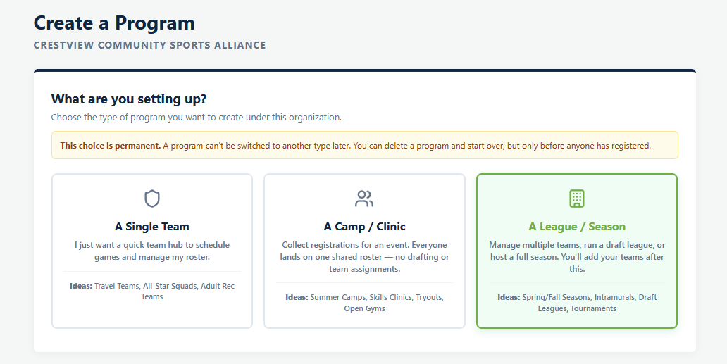 The three program type cards in Playbook Logix: A Single Team, A Camp / Clinic and A League / Season