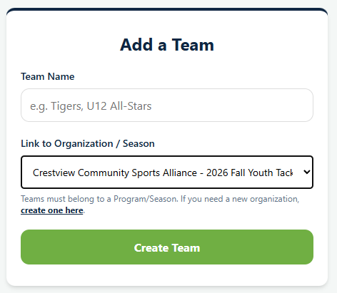 The Add a Team form in Playbook Logix, with a Team Name field and a Link to Organization / Season dropdown