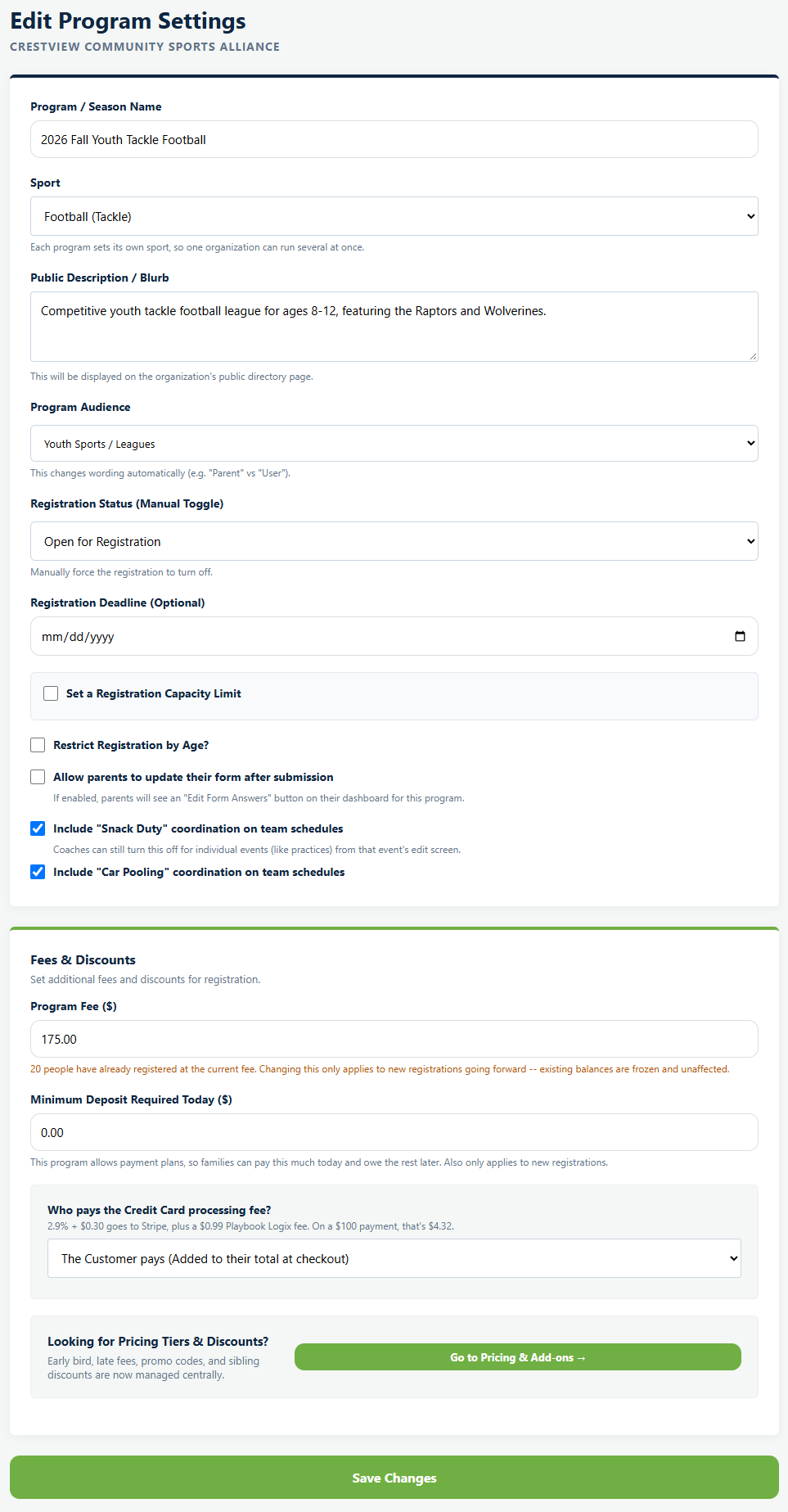 The Edit Program Settings screen in Playbook Logix showing the program name, sport, public description, audience, Registration Status set to Open for Registration, a registration deadline, and checkboxes for a capacity limit, age restriction, snack duty and car pooling