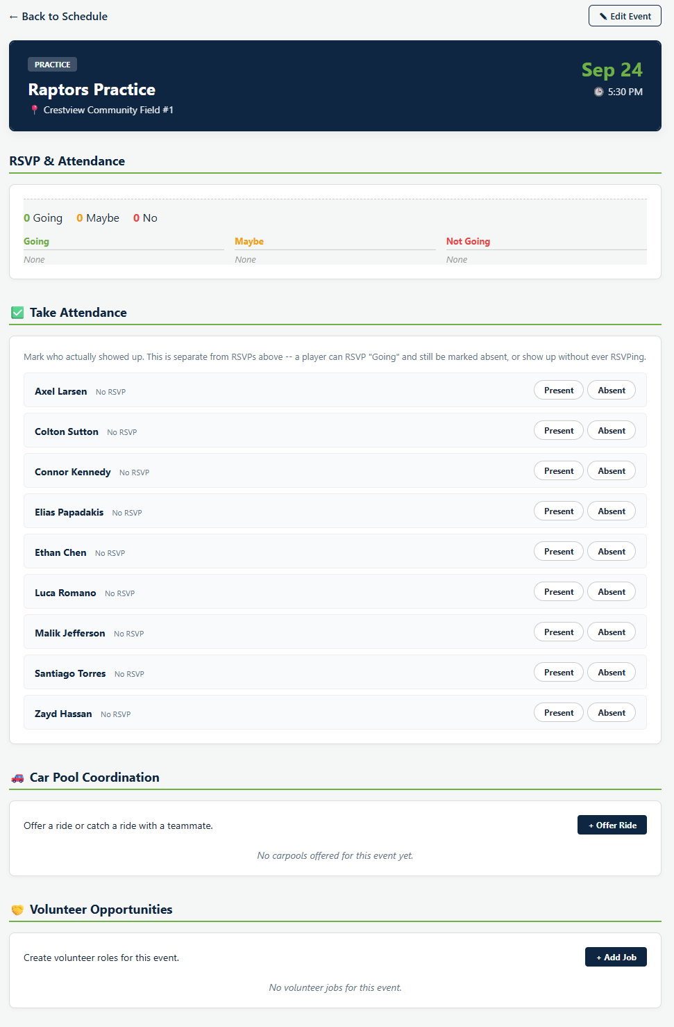 An event page in Playbook Logix showing RSVP counts for Going, Maybe and Not Going, a Take Attendance list with Present and Absent buttons for each player, and sections for carpools and volunteer jobs