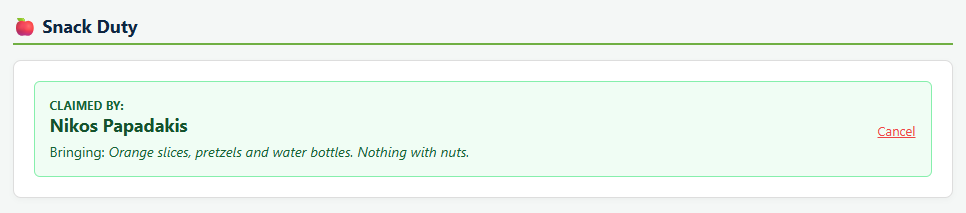 The Snack Duty section of an event page in Playbook Logix showing Claimed By with a parent name and a Bringing line reading orange slices, pretzels and water bottles, nothing with nuts