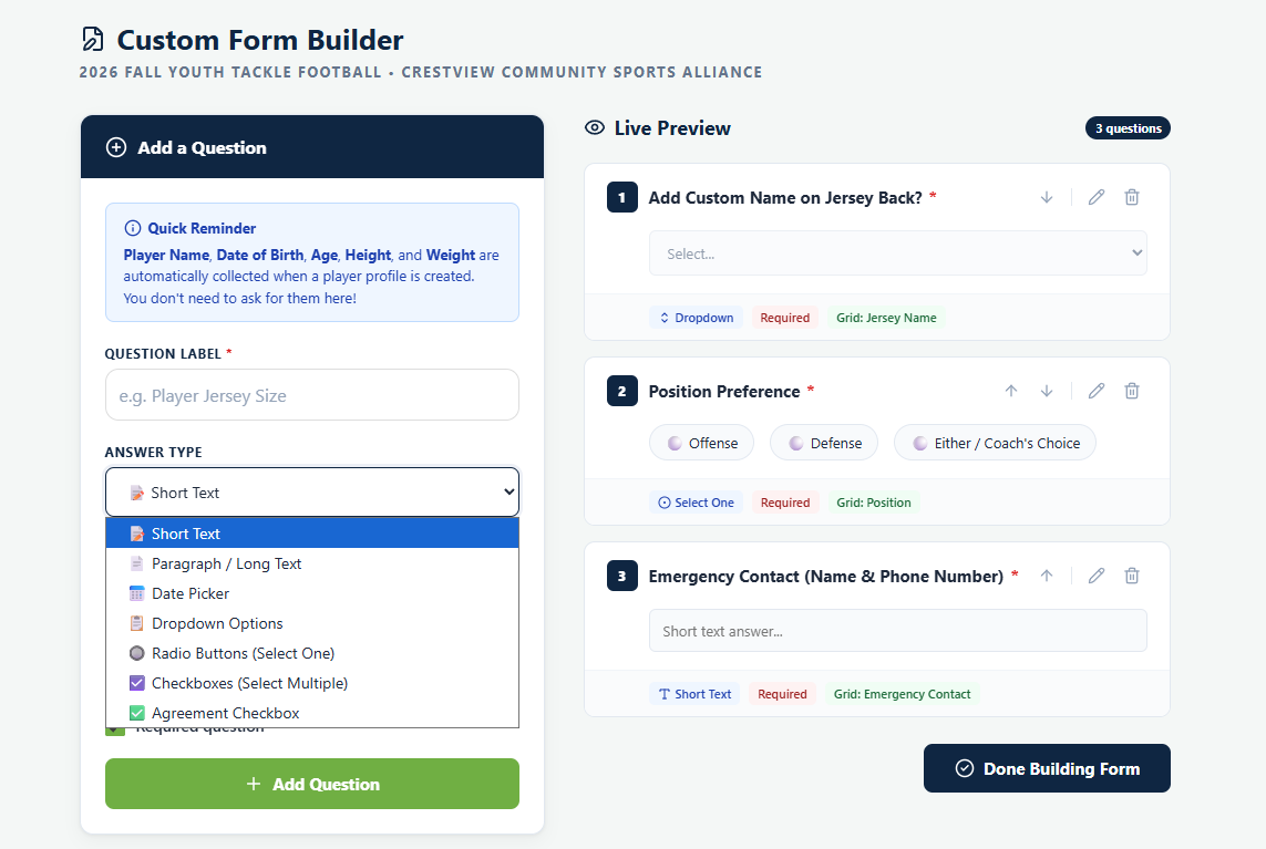 The Playbook Logix Custom Form Builder with the Add a Question panel on the left, the Answer Type dropdown open showing all seven types, and a Live Preview of three questions on the right