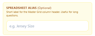 The Spreadsheet Alias field in the Playbook Logix form builder, marked optional, with the hint that it is a short label for the Master Grid column header
