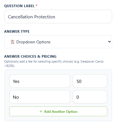 The Answer Choices and Pricing box in the Playbook Logix form builder, showing a Cancellation Protection dropdown with Yes priced at 50 and No priced at 0