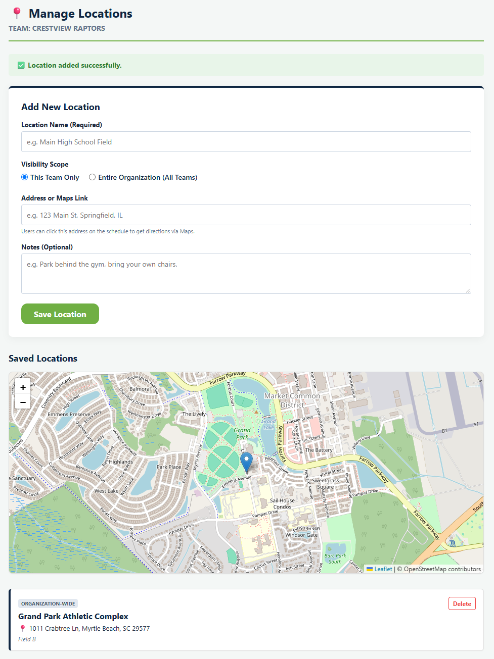 The Manage Locations screen in Playbook Logix with fields for Location Name, Visibility Scope, Address or Maps Link and Notes, and a map of saved locations below