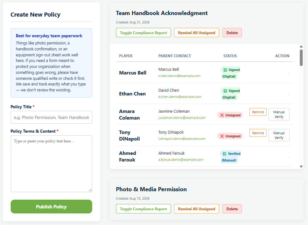 The Manage Waivers and Policies screen in Playbook Logix, with a Create New Policy form on the left and a compliance report on the right listing each player, their parent contact and whether they have signed