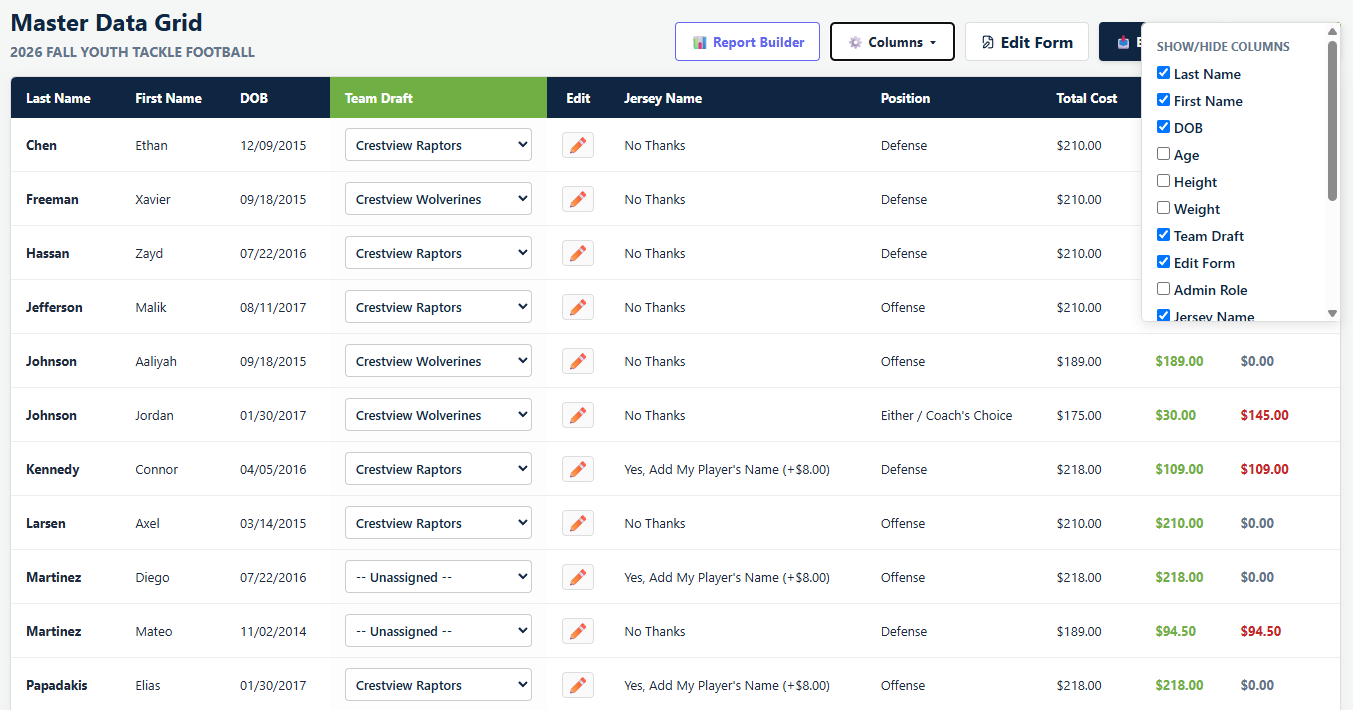 The Columns menu open on the Playbook Logix Master Data Grid, headed Show/Hide Columns, with Age, Height, Weight and Admin Role unticked and those columns absent from the grid behind it