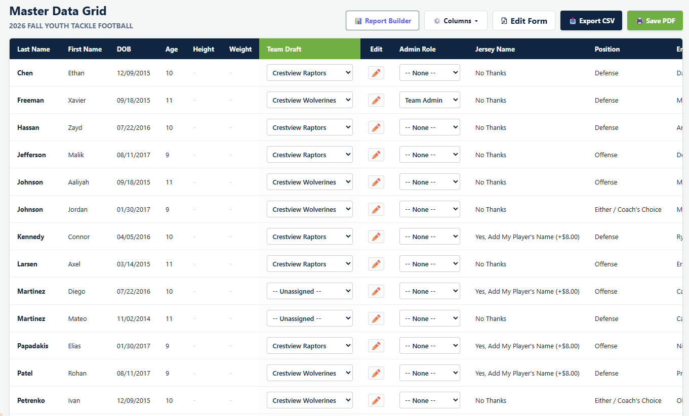 The Master Data Grid in Playbook Logix with a green Team Draft column of dropdowns, one per player row, alongside columns for name, date of birth, age and form answers