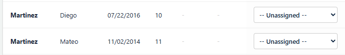 Two rows in the Master Data Grid showing a team dropdown set to Unassigned