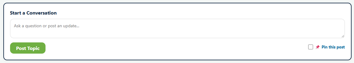 The Start a Conversation box on a Playbook Logix message board, with a Post Topic button and a Pin this post checkbox