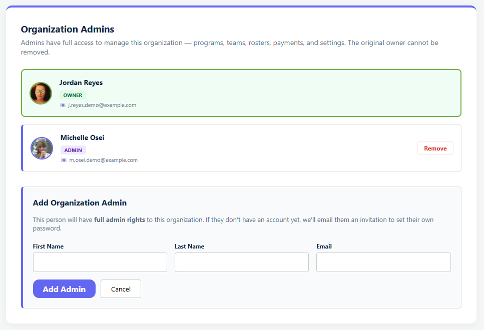The Organization Admins section of Organization Settings in Playbook Logix, showing the owner card marked as owner above the form to add an administrator by first name, last name and email
