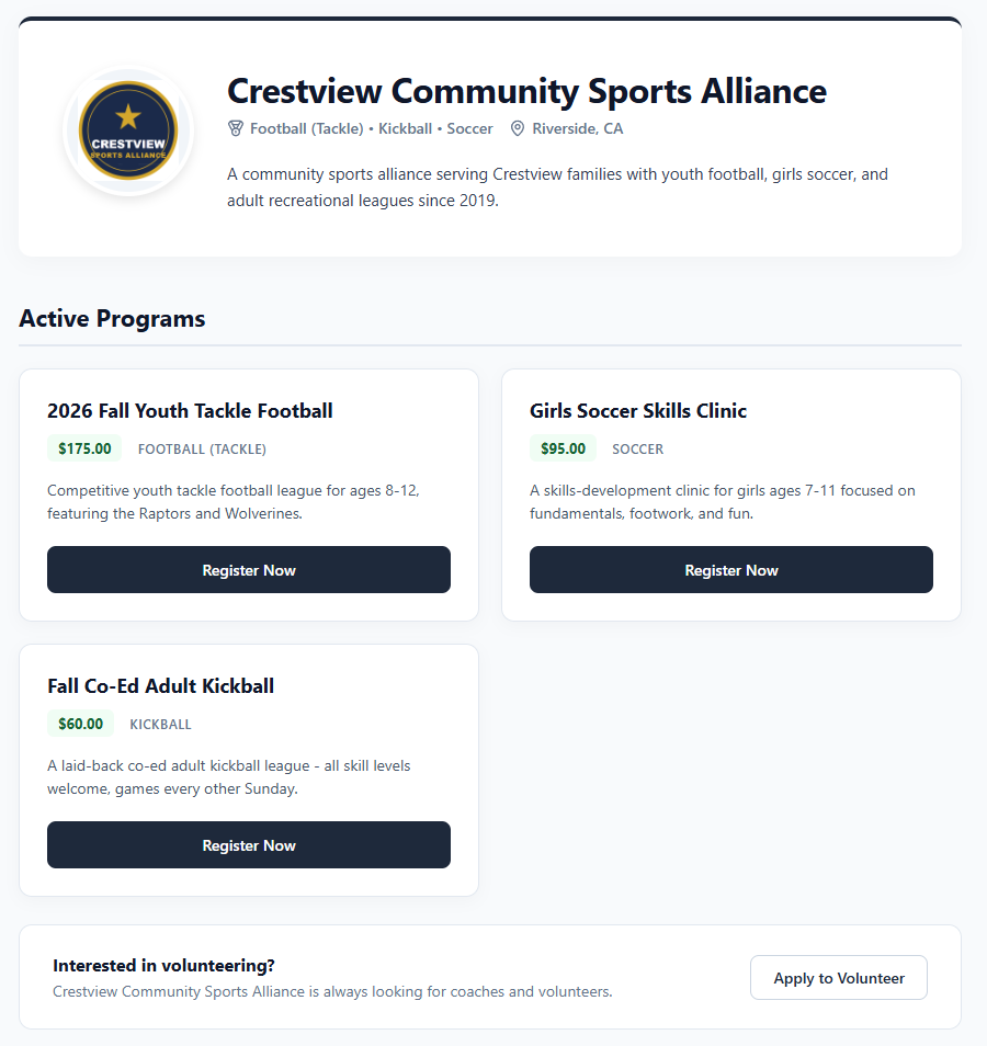 A public organization page in Playbook Logix showing the club logo and name, the sports it runs, its location and description, then a grid of active programs each with a fee and a Register Now button
