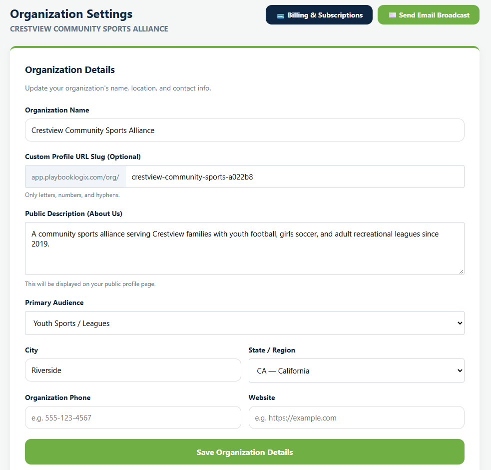 The Organization Details panel of Organization Settings in Playbook Logix, with fields for Organization Name, a custom profile URL slug, Public Description, Primary Audience, City, State or Region, phone and website