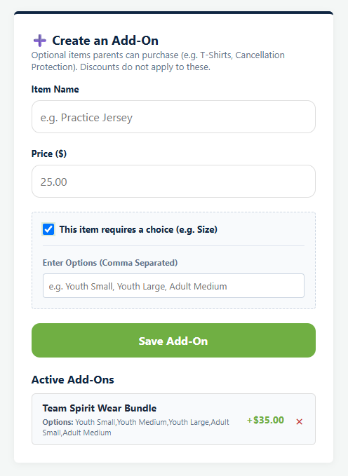 The Create an Add-On section in Playbook Logix showing Item Name, Price and comma separated options