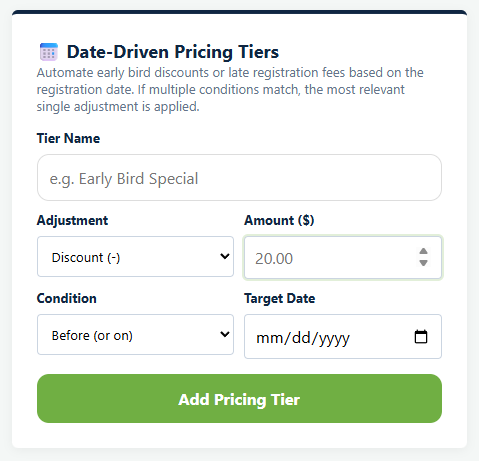 The Date-Driven Pricing Tiers form in Playbook Logix, with fields for Tier Name, Adjustment, Amount, Condition and Target Date, and an Add Pricing Tier button