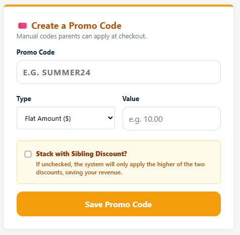 The Create a Promo Code form in Playbook Logix, with the Promo Code, Type and Value fields and the Stack with Sibling Discount checkbox below them