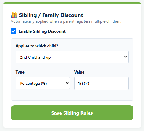 The Sibling and Family Discount settings in Playbook Logix showing the enable checkbox, which child it applies to, the discount type and the value