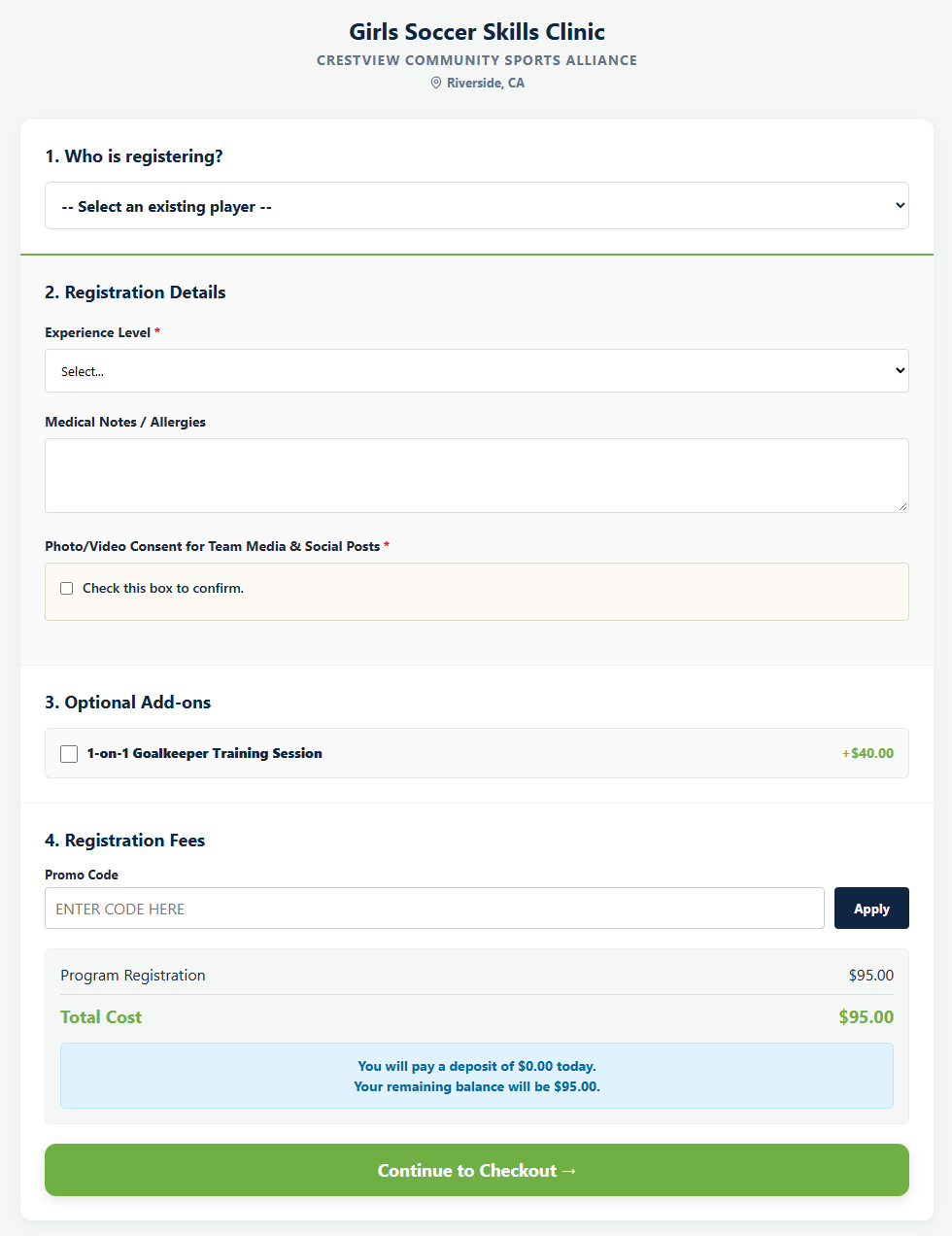 The Playbook Logix registration page as a parent sees it, showing the numbered sections for who is registering, registration details, optional add ons and registration fees