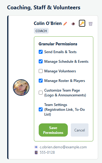 The Granular Permissions panel on a staff card in Playbook Logix, showing six checkboxes and a Save Permissions button