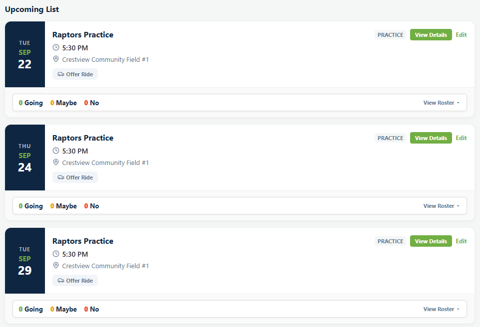 The Upcoming List view of a Playbook Logix team schedule, showing three practices with date, time, location, an Offer Ride button and counts of Going, Maybe and No