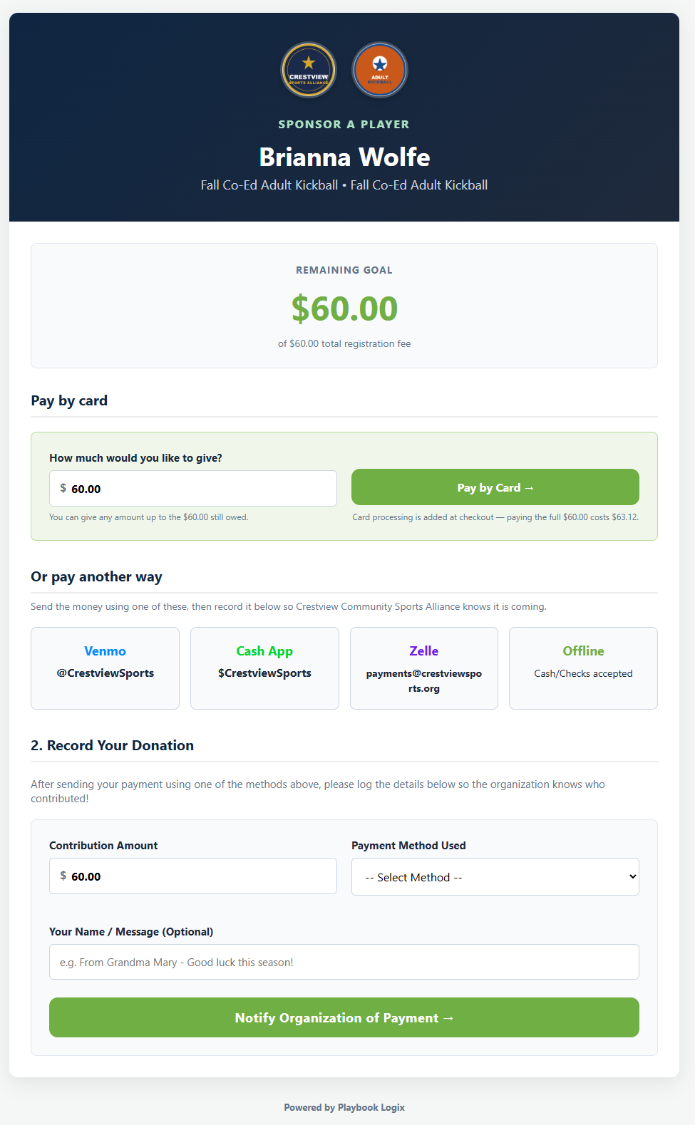 The Sponsor a Player page showing the player name, program and team, a remaining goal of sixty dollars, a pay by card box, tiles for Venmo, Cash App, Zelle and offline payment, and a form to record a donation