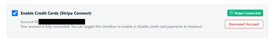 The Stripe section of Playbook Logix organization settings showing an Enable Credit Cards checkbox ticked, a green Stripe Connected badge, the account ID, and a Disconnect Account button