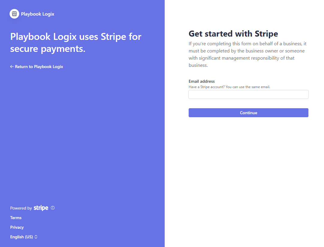 The Stripe onboarding screen headed Get started with Stripe, with a note that the form must be completed by the business owner, an email address field and a Continue button