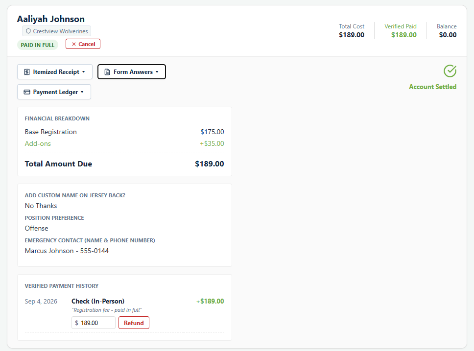 One registration expanded in Playbook Logix, showing a financial breakdown of base registration and add ons, the family's answers to the custom form questions, and a verified payment with a Refund button beside it