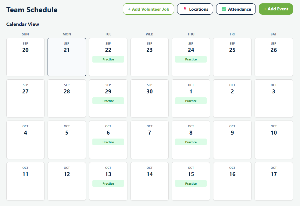 The Team Schedule in Playbook Logix in Calendar View, a month grid with practice tags on Tuesdays and Thursdays