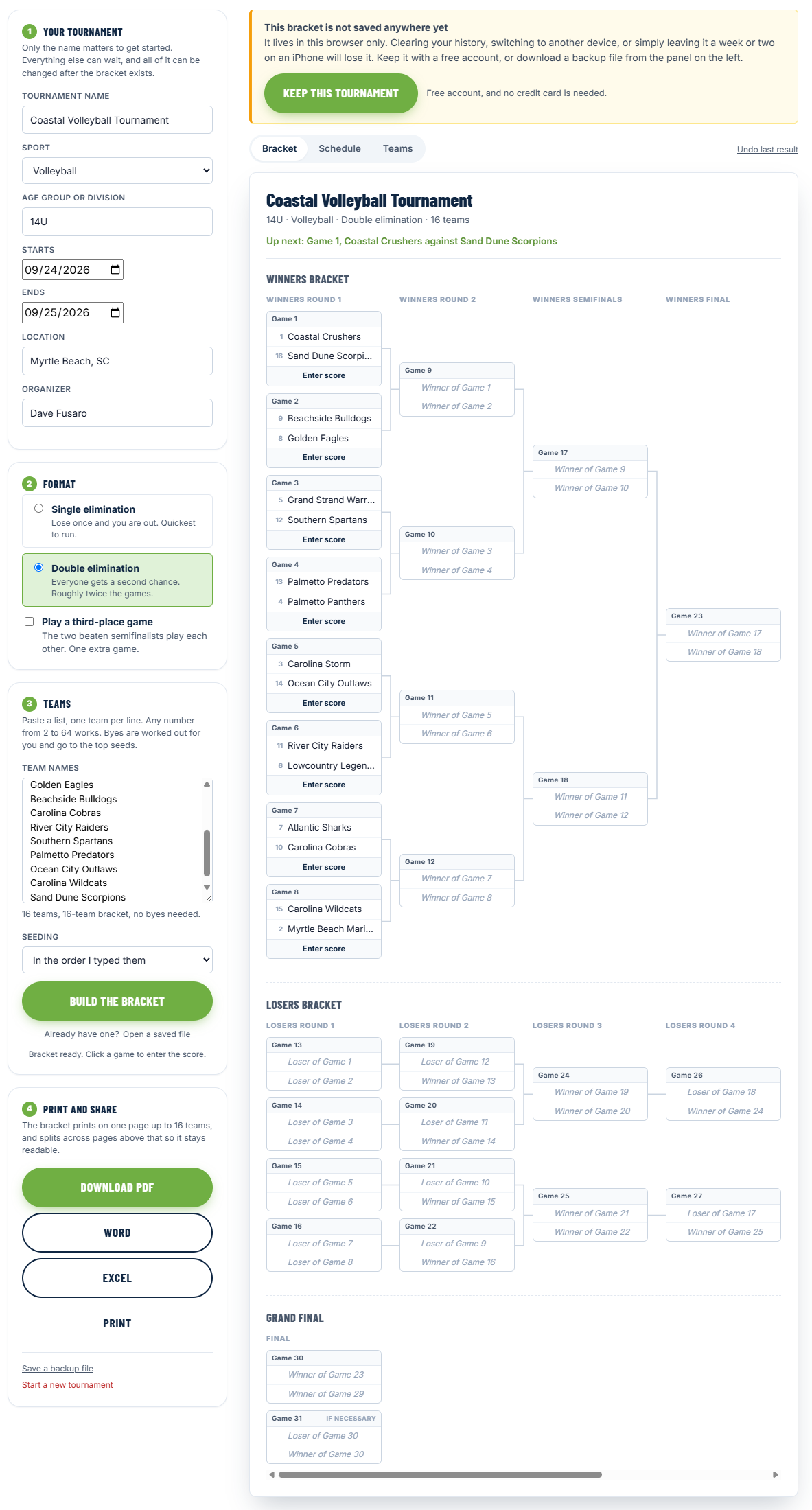 The free tournament bracket generator, with panels for the tournament name, sport, dates and location, a choice of single or double elimination, and a list of team names, beside a generated sixteen team double elimination bracket showing the winners bracket, losers bracket and grand final