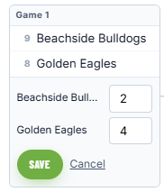 A single game on a tournament bracket in Playbook Logix, showing the two seeded team names above a score box for each, with a Save button and a Cancel link