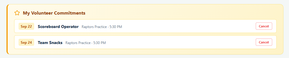 The My Volunteer Commitments panel in Playbook Logix listing a parent's volunteer signups, each showing the date, the job title and the event, with a Cancel button on each row
