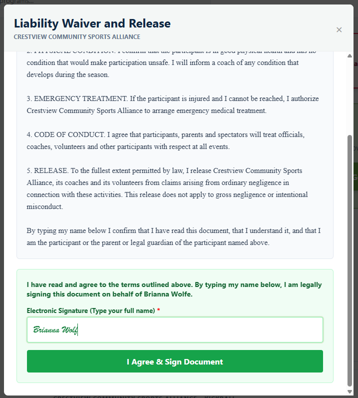 The signing dialog in Playbook Logix showing the full policy text, a confirmation that typing a name is a legal signature on behalf of the player, a signature field and an I Agree and Sign Document button