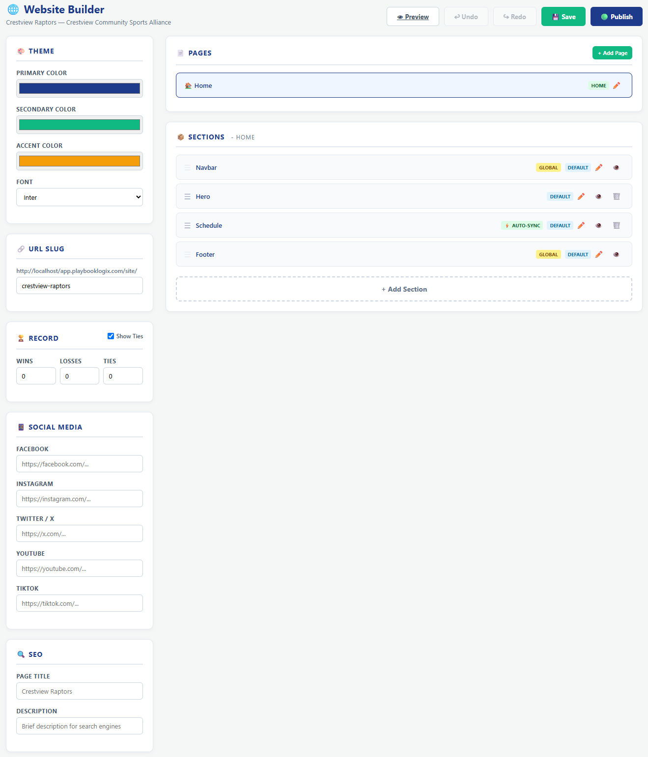 The Playbook Logix website builder showing sidebar panels for theme colors, the URL slug, the win and loss record, social media and SEO, beside a list of pages and the sections making up the home page