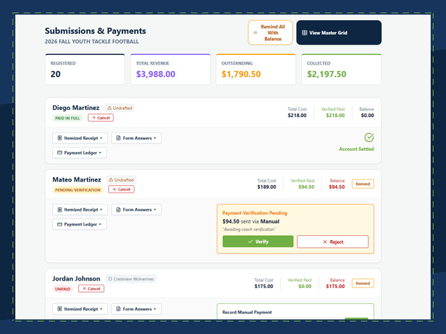 An organization's payments dashboard showing collected and outstanding revenue
